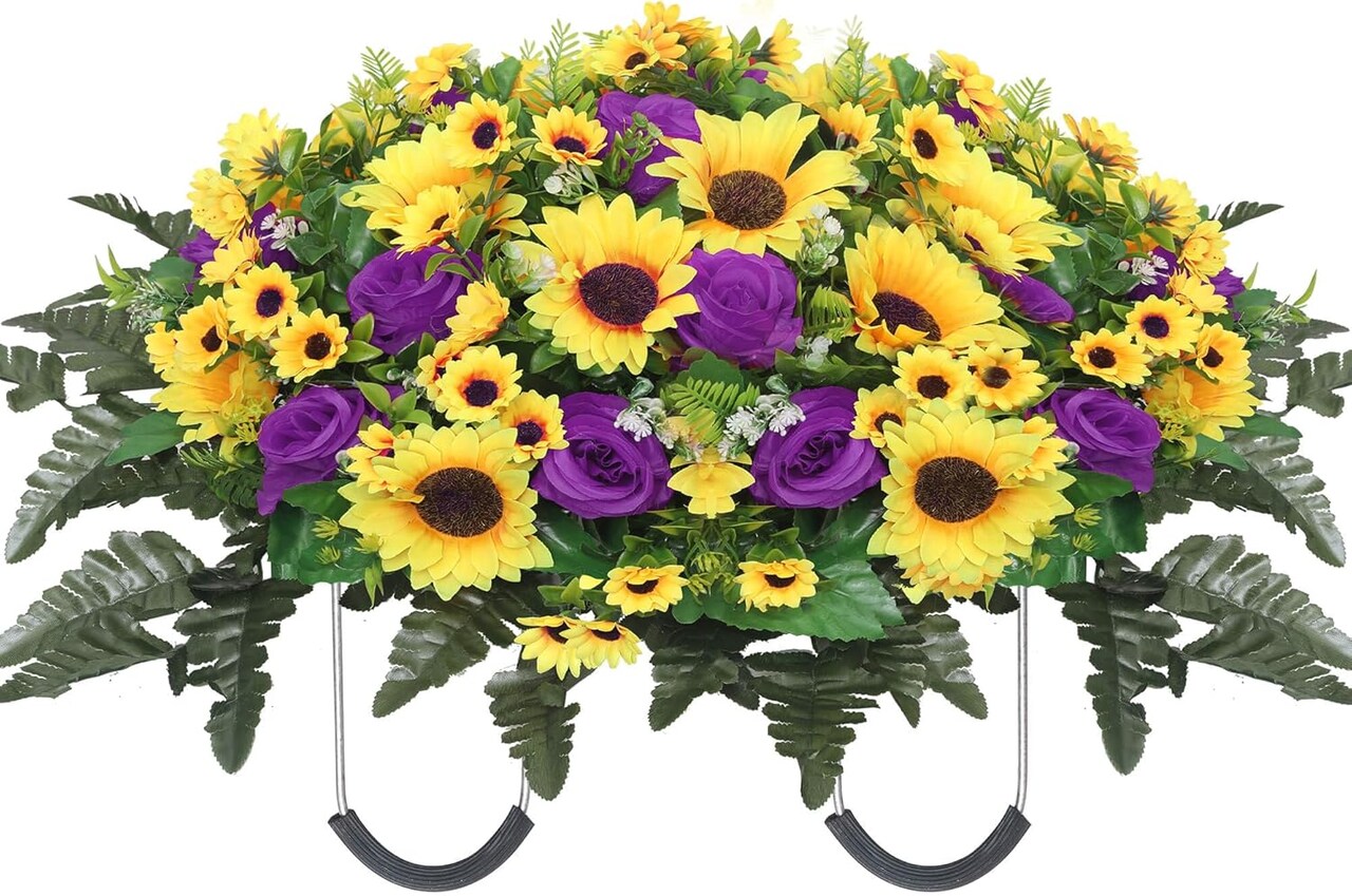 Purple Artificial Sunflower Headstone Flower Saddle - Large Silk Cemetery Flowers for Graves - UV Resistant and Waterproof Memorial Arrangement - Windproof Secure Fit Outdoor Tombstone Decor